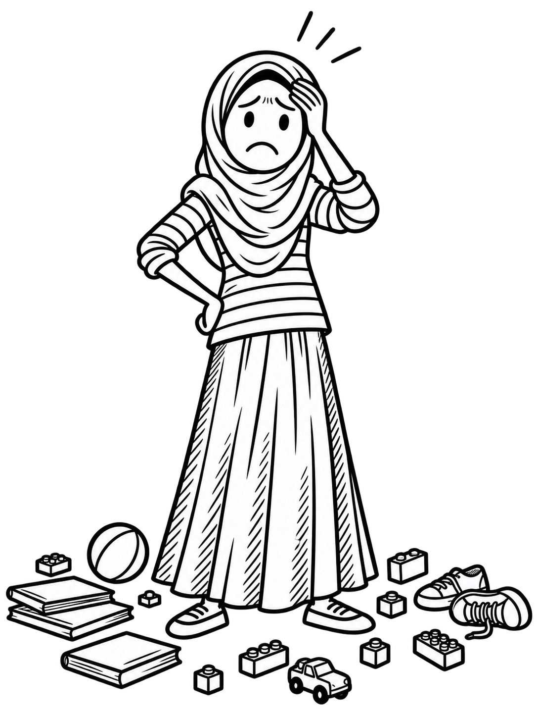 Illustration of an overwhelmed mother surrounded by scattered toys